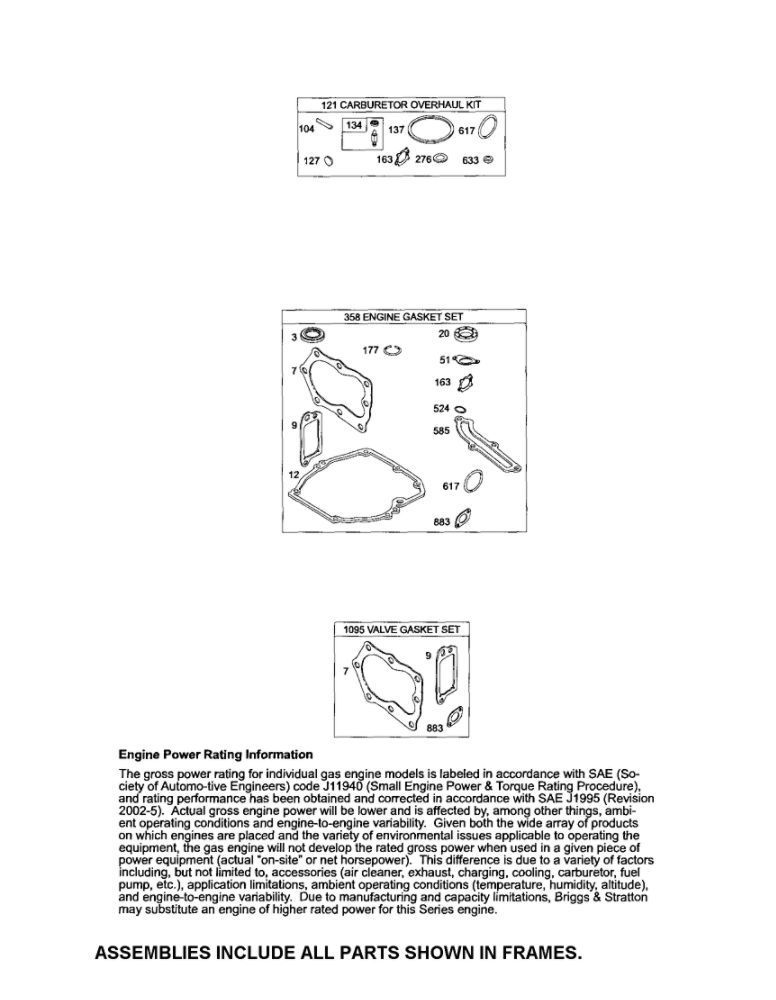 Gasket Sets Diagram and Parts List for 126T05-1252-EA  Briggs and Stratton Engine